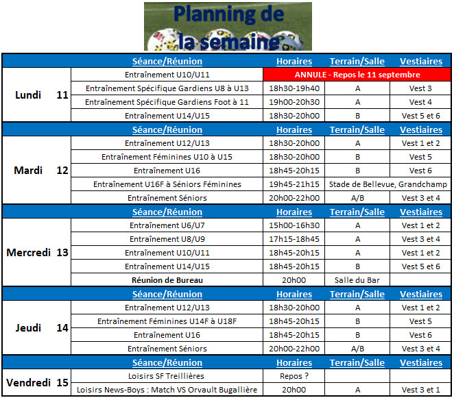 Planning de la semaine du 11 au 15 Septembre 2017