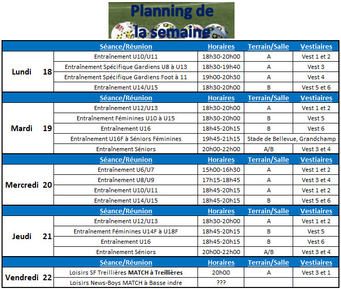 Planning de la semaine du 18 au 22 Septembre 2017