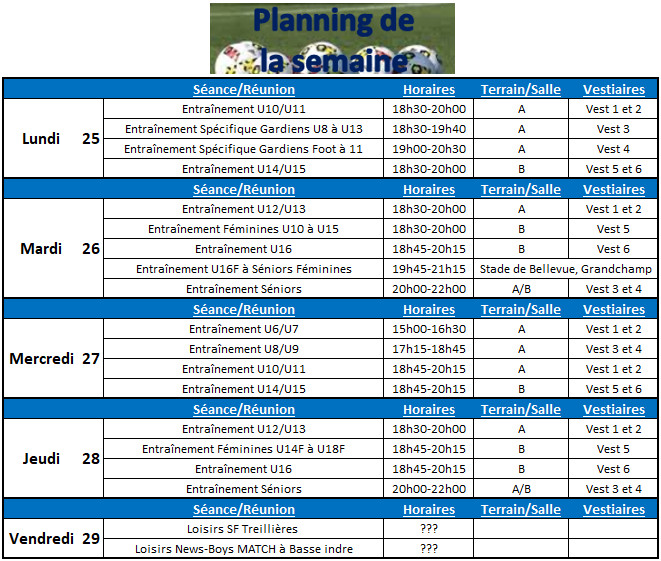 Planning de la semaine du 25 au 29 Septembre 2017