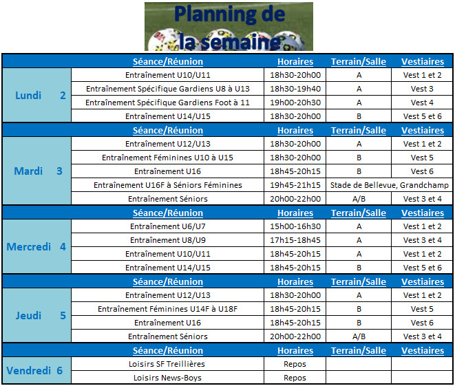 Planning de la semaine du 02 au 06 Octobre 2017