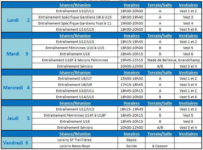 Planning de la semaine du 09 au 13 Octobre 2017