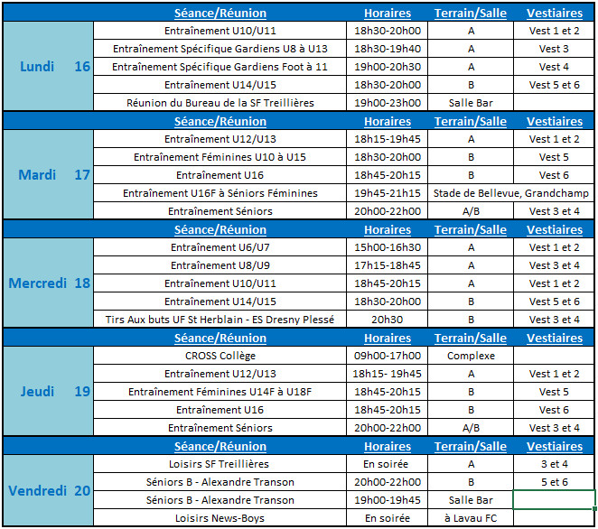 Planning de la semaine du 16 au 20 Octobre 2017