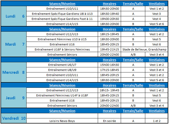 Planning de la semaine du 06 au 10 Novembre 2017