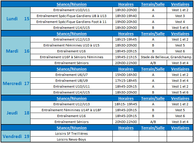Planning de la semaine du 15 au 19 Janvier 2018