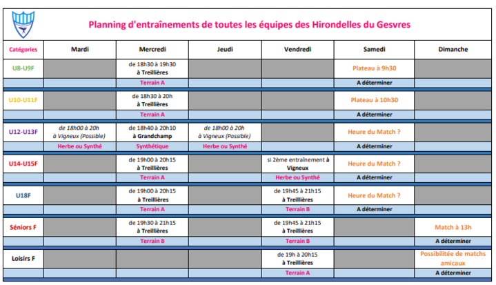 Planning des entraînements de toutes les catégories Féminines 2022-2023