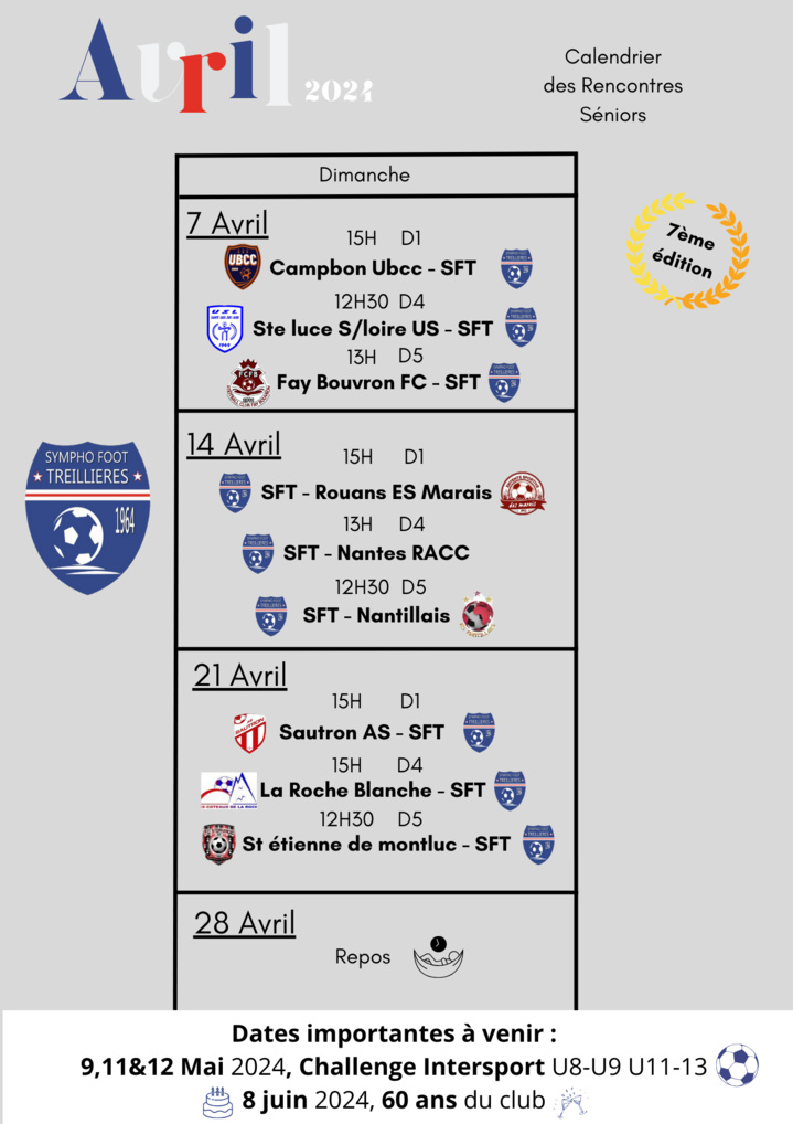 Calendrier séniors du mois d'avril