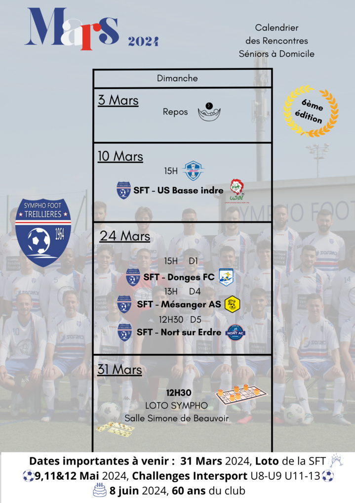 Calendrier des rencontres Séniors - Mars