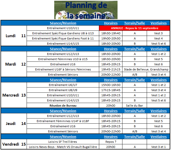 Planning de la semaine du 11 au 15 Septembre 2017