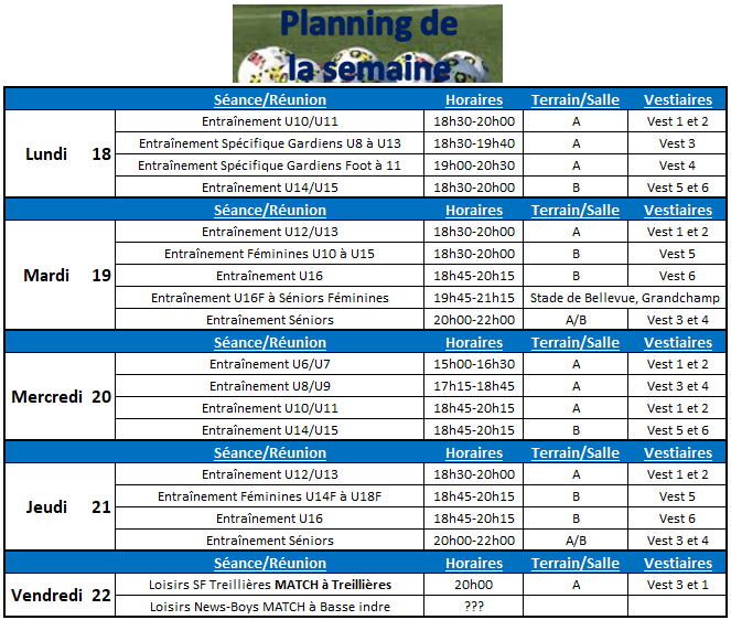 Planning de la semaine du 18 au 22 Septembre 2017