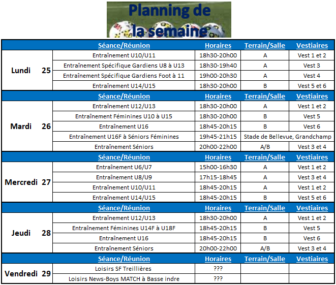 Planning de la semaine du 25 au 29 Septembre 2017