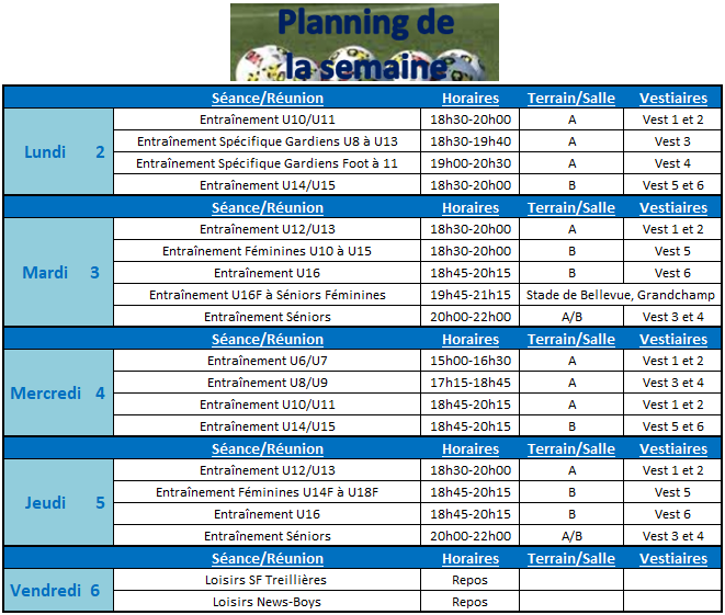 Planning de la semaine du 02 au 06 Octobre 2017