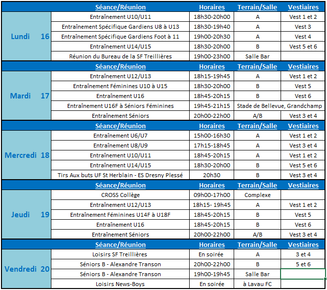 Planning de la semaine du 16 au 20 Octobre 2017