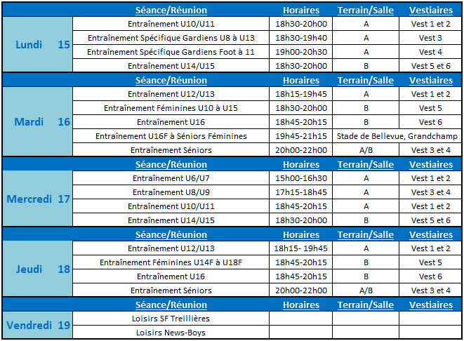 Planning de la semaine du 15 au 19 Janvier 2018