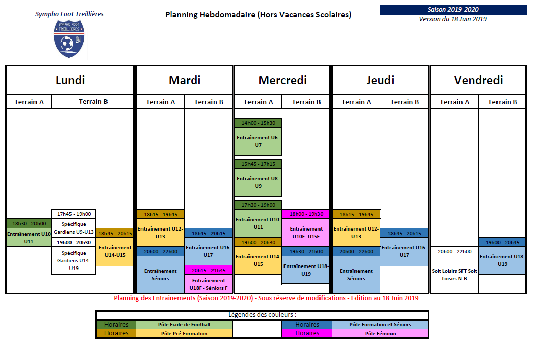 Planning des entraînements - Saison 2019-2020