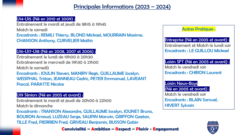 Saison 2023-2024 : Les principales informations ! (Horaires, Encadrants..)