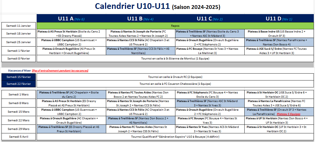 Calendrier U10-U11 - Saison 2024-2025