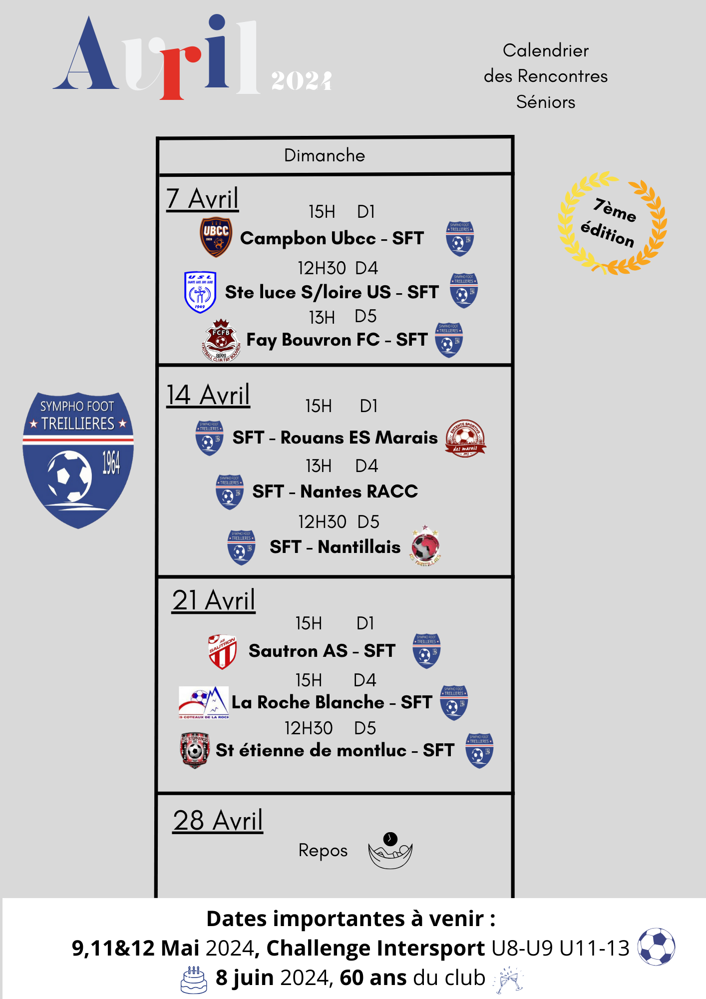 Calendrier séniors du mois d'avril